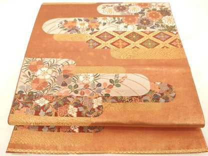 平和屋着物◎六通太鼓柄袋帯 霞取花文 金糸 引箔 正絹 逸品 DAAJ7815fc