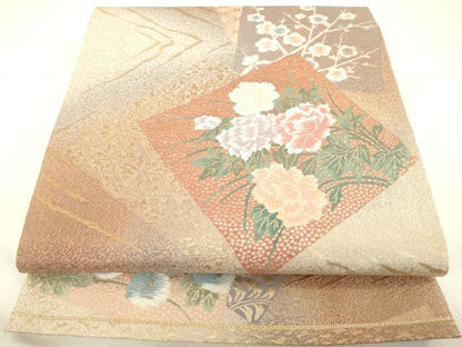 平和屋着物◎六通柄袋帯 色紙花文 金糸 正絹 逸品 DAAJ7816fc