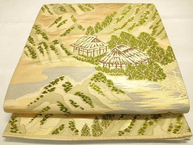 平和屋着物◎六通柄袋帯 風景山文 金糸 正絹 逸品 DAAJ7915fc