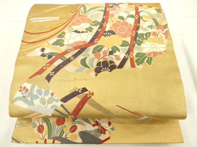 平和屋着物●六通柄袋帯 唐織 几帳舞扇花文 金銀糸 正絹 逸品 DAAJ8874jm