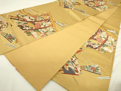 平和屋着物●六通柄袋帯 唐織 几帳舞扇花文 金銀糸 正絹 逸品 DAAJ8874jm