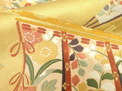 平和屋着物●六通柄袋帯 唐織 几帳舞扇花文 金銀糸 正絹 逸品 DAAJ8874jm