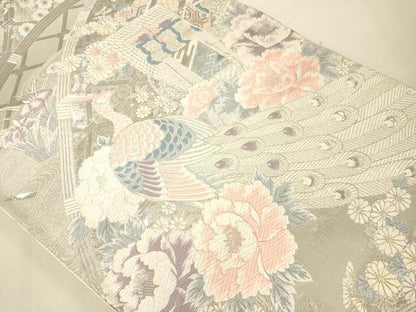 平和屋着物◎六通柄袋帯 九百錦 鷹賀孔雀文 プラチナ箔 正絹 逸品 DAAK2013zy