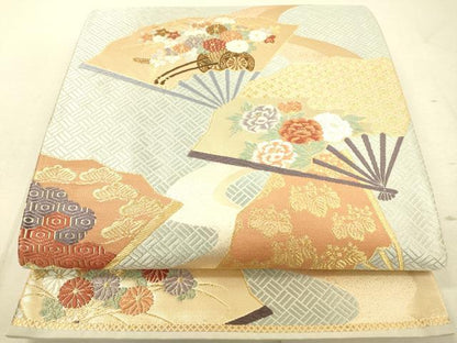 平和屋着物◎西陣 六通柄袋帯 唐織 舞扇花車文 金糸 正絹 逸品 DAAK2231zy