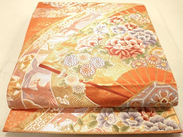 平和屋着物◎六通柄袋帯 唐織 扇面花鳥文 金銀糸 正絹 逸品 DAAK2258zy
