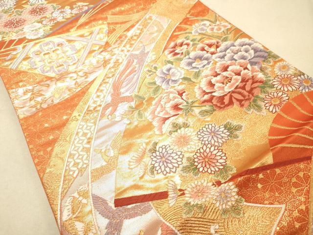 平和屋着物◎六通柄袋帯 唐織 扇面花鳥文 金銀糸 正絹 逸品 DAAK2258zy