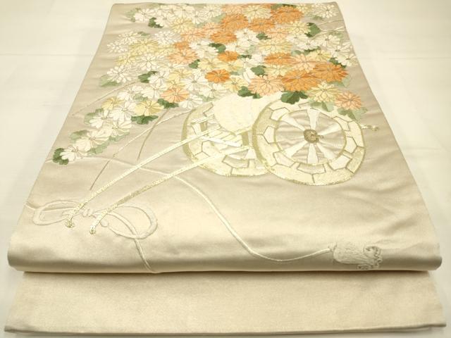 平和屋着物◎太鼓柄袋帯 駒刺繍 総刺繍 花車文 金糸 正絹 逸品 DAAK2453zy