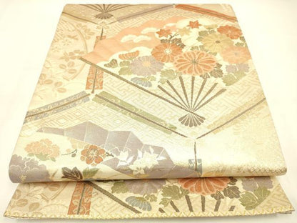 平和屋着物◎佐賀錦 六通柄袋帯 扇面花文 金糸 正絹 逸品 DAAK2496zy