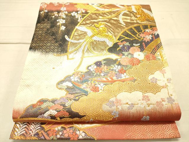 平和屋着物◎六通柄袋帯 唐織 扇面鳳凰花文 金糸 正絹 逸品 DAAK2530ob