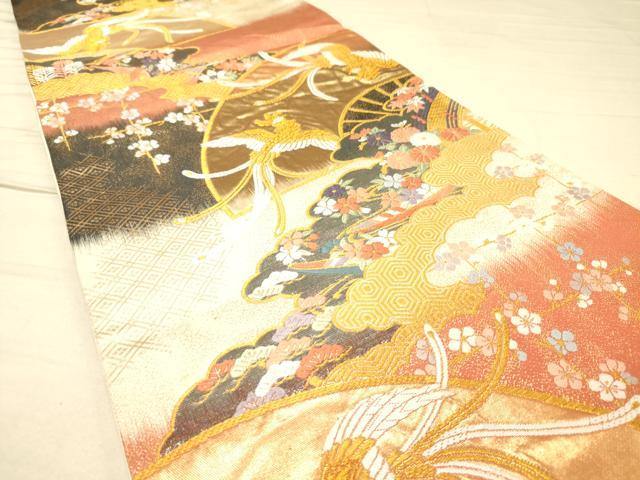 平和屋着物◎六通柄袋帯 唐織 扇面鳳凰花文 金糸 正絹 逸品 DAAK2530ob