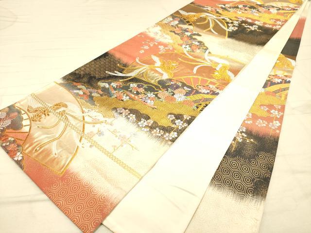 平和屋着物◎六通柄袋帯 唐織 扇面鳳凰花文 金糸 正絹 逸品 DAAK2530ob