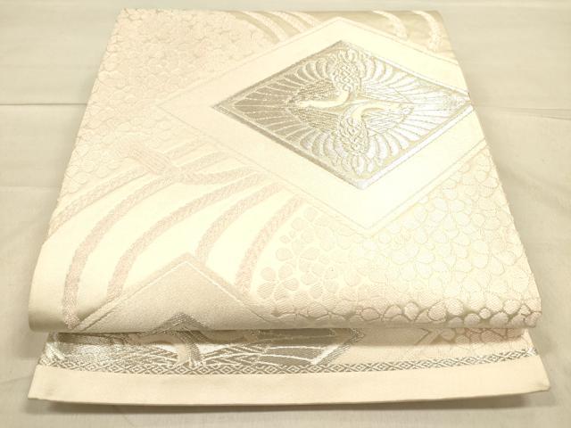 平和屋着物◎六通柄袋帯 双鶴花菱文 銀糸 正絹 逸品 DAAK2533ob