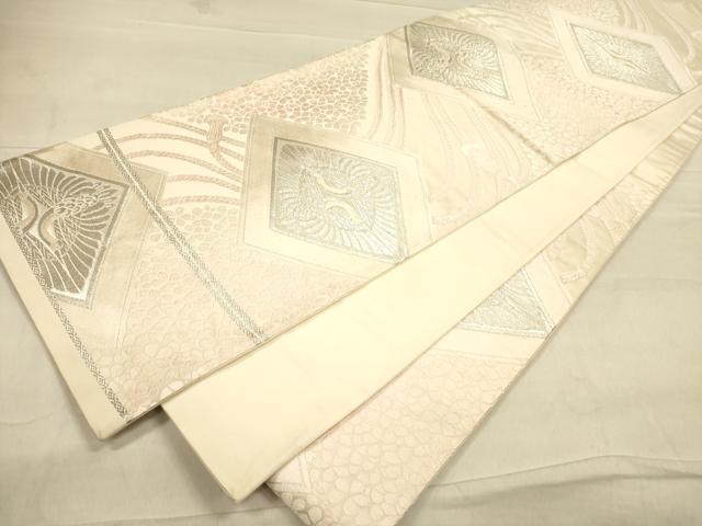 平和屋着物◎六通柄袋帯 双鶴花菱文 銀糸 正絹 逸品 DAAK2533ob