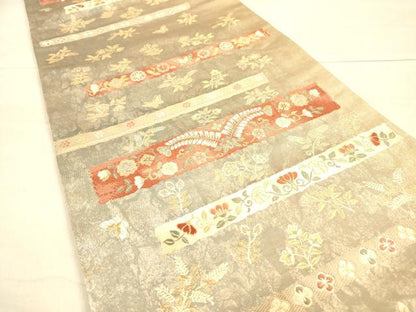平和屋着物◎六通柄袋帯 横段花文 金糸 引箔 正絹 逸品 DAAK2545ob