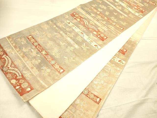 平和屋着物◎六通柄袋帯 横段花文 金糸 引箔 正絹 逸品 DAAK2545ob