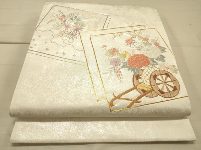 平和屋着物◎太鼓柄袋帯 駒刺繍 色紙重ね花車文 金糸 正絹 逸品 DAAK2562ob