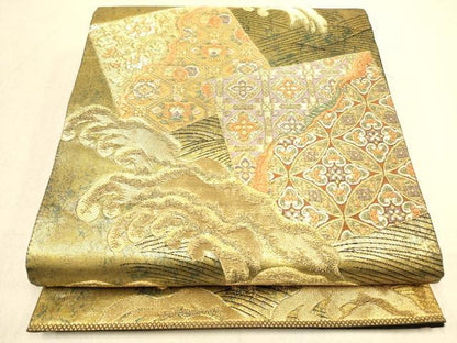 平和屋着物◎六通柄袋帯 波濤色紙文 金糸 引箔 正絹 逸品 DAAK2594ob