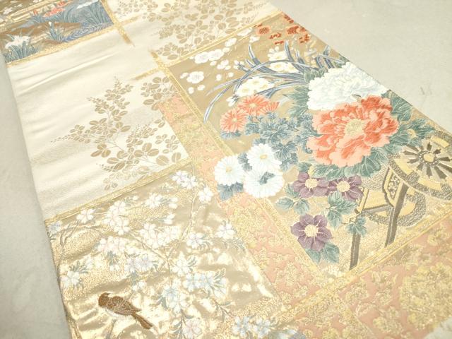 袋帯 唐織 源氏車に美しい花模様 六通 正絹 着物 RO-1103 平和屋着物◎六通柄袋帯 唐織 花車文 金糸 正絹 逸品 DAAK2667ob