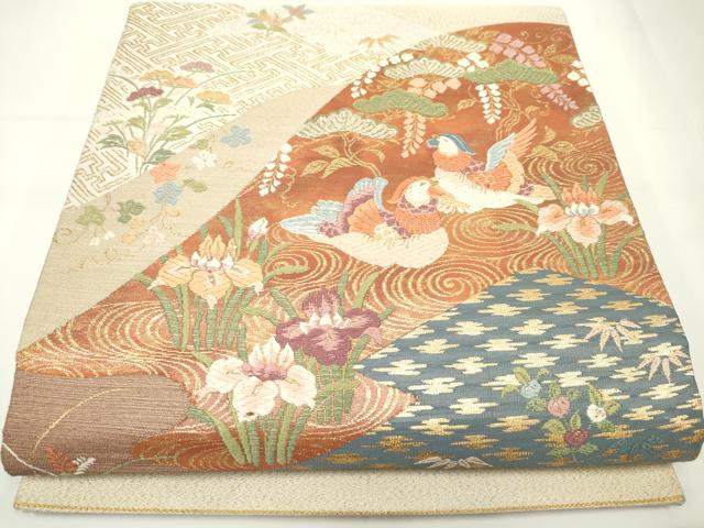 平和屋着物◎綴れ 太鼓柄袋帯 松皮菱鴛鴦花文 金糸 正絹 逸品 DAAK2774ob