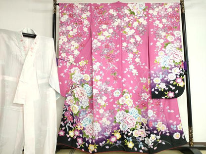 平和屋着物●豪華振袖・長襦袢（無双仕立て）セット 駒刺繍 枝垂れ桜 花手毬 暈し染め 銀通し地 半衿刺繍 逸品 DAAK4883ic