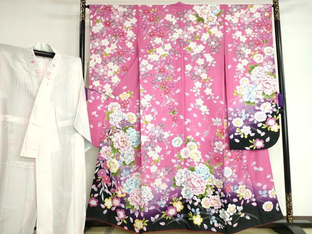 平和屋着物●豪華振袖・長襦袢（無双仕立て）セット 駒刺繍 枝垂れ桜 花手毬 暈し染め 銀通し地 半衿刺繍 逸品 DAAK4883ic