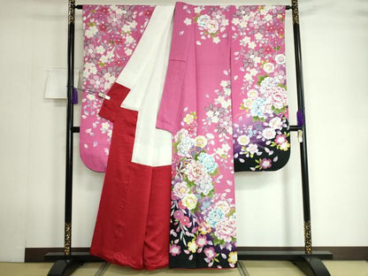 平和屋着物●豪華振袖・長襦袢（無双仕立て）セット 駒刺繍 枝垂れ桜 花手毬 暈し染め 銀通し地 半衿刺繍 逸品 DAAK4883ic