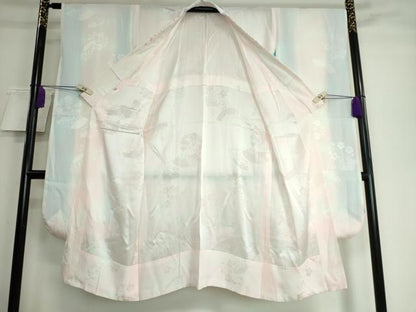平和屋着物●豪華振袖・長襦袢（無双仕立て）セット 駒刺繍 枝垂れ桜 花手毬 暈し染め 銀通し地 半衿刺繍 逸品 DAAK4883ic