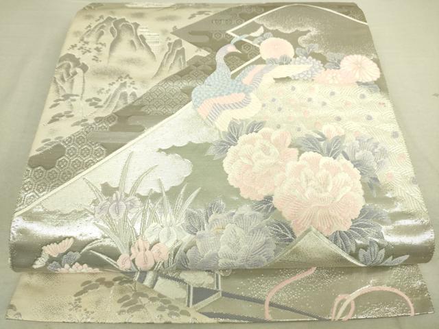 平和屋着物◎六通柄袋帯 松皮菱 御所車孔雀花文 銀糸 正絹 逸品 DAAK5555re