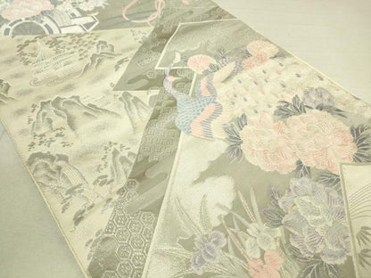 平和屋着物◎六通柄袋帯 松皮菱 御所車孔雀花文 銀糸 正絹 逸品 DAAK5555re