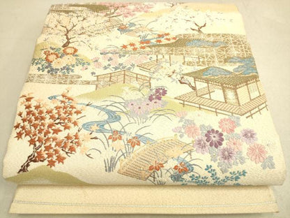 平和屋着物◎綴れ 太鼓柄袋帯 唐織 風景花文 金糸 正絹 逸品 DAAK5582re