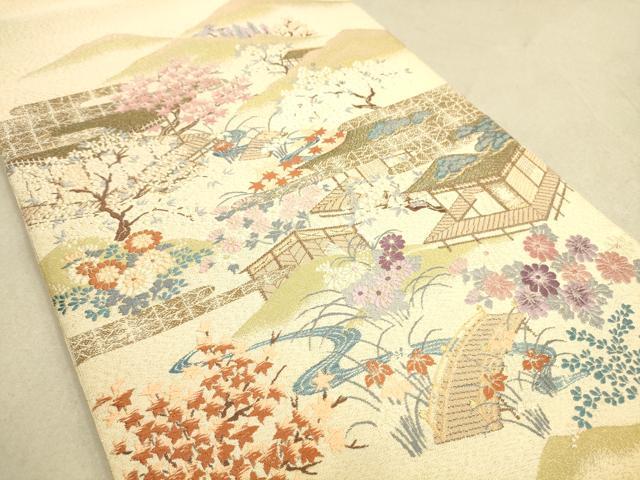 平和屋着物◎綴れ 太鼓柄袋帯 唐織 風景花文 金糸 正絹 逸品 DAAK5582re