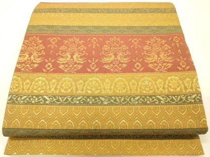 平和屋着物◎六通柄袋帯 横段花鳥文 金糸 正絹 逸品 DAAK5662re