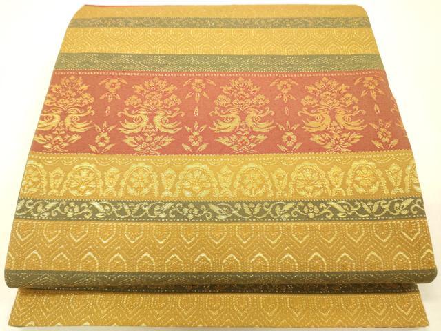 平和屋着物◎六通柄袋帯 横段花鳥文 金糸 正絹 逸品 DAAK5662re