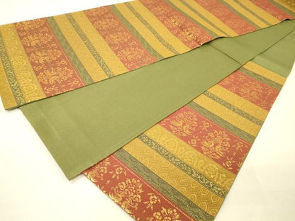 平和屋着物◎六通柄袋帯 横段花鳥文 金糸 正絹 逸品 DAAK5662re