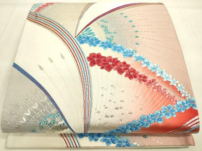 平和屋着物◎六通柄袋帯 孔雀花文 銀糸 正絹 逸品 DAAK5693re