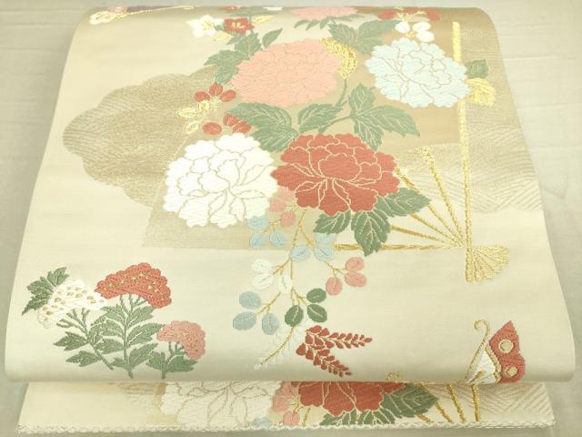 平和屋着物◎六通柄袋帯 唐織 扇面花蝶文 金銀糸 正絹 逸品 DAAK5786re