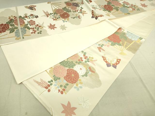 平和屋着物◎六通柄袋帯 唐織 扇面花蝶文 金銀糸 正絹 逸品 DAAK5786re