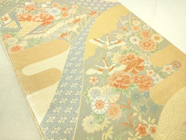 平和屋着物◎佐賀錦 六通柄袋帯 飛鶴風景花文 金糸 正絹 逸品 DAAK5810re