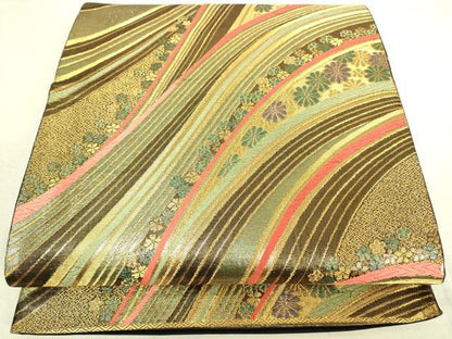 平和屋着物◎六通柄袋帯 流水花文 金糸 正絹 逸品 DAAK5825re