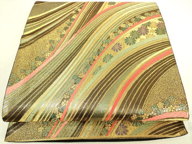 平和屋着物◎六通柄袋帯 流水花文 金糸 正絹 逸品 DAAK5825re