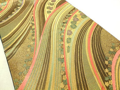 平和屋着物◎六通柄袋帯 流水花文 金糸 正絹 逸品 DAAK5825re