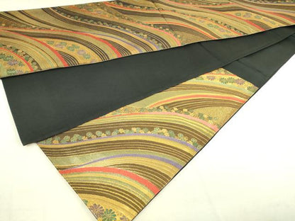 平和屋着物◎六通柄袋帯 流水花文 金糸 正絹 逸品 DAAK5825re