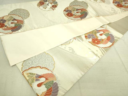 平和屋着物◎六通柄袋帯 唐織 立波雪輪飛鶴花文 金銀糸 正絹 逸品 DAAK5856re