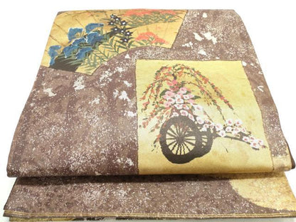 平和屋着物◎六通太鼓柄袋帯 手描き 地紙花車文 金銀彩 正絹 逸品 DAAK7526xg