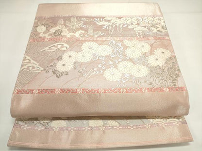 平和屋着物◎六通柄袋帯 横段花文 銀糸 正絹 逸品 DAAK7559xg