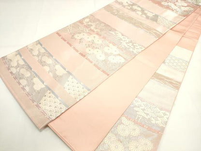 平和屋着物◎六通柄袋帯 横段花文 銀糸 正絹 逸品 DAAK7559xg