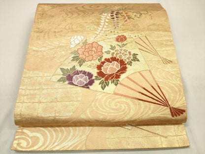 平和屋着物◎六通柄袋帯 唐織 扇面流水花文 金糸 引箔 正絹 逸品 DAAK7615xg
