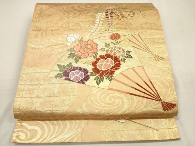 平和屋着物◎六通柄袋帯 唐織 扇面流水花文 金糸 引箔 正絹 逸品 DAAK7615xg