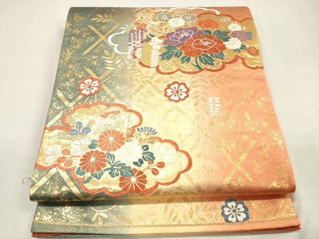 平和屋着物◎六通柄袋帯 唐織 蛇篭雲取り花文 金糸 正絹 逸品 DAAK7621xg