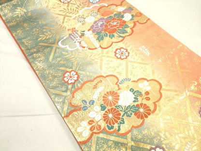 平和屋着物◎六通柄袋帯 唐織 蛇篭雲取り花文 金糸 正絹 逸品 DAAK7621xg